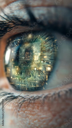 A close-up of an eye with digital circuitry reflected in the iris, with lashes