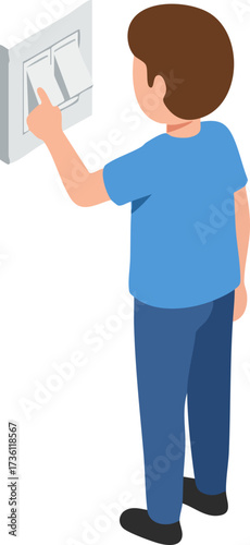 Flat Illustration of Child Turning On Light Switch in Room