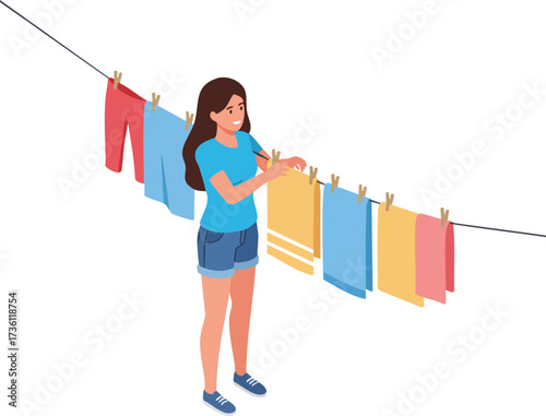 Flat Cartoon Woman Hanging Clothes On a Clothesline Outdoor Illustration