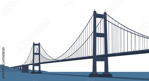 A grand suspension bridge spans across the blue water.
