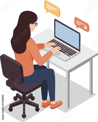 Flat Illustration Woman Typing on Laptop with Chat Bubbles Workplace
