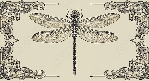 Detailed vintage dragonfly illustration with ornate frame decorative design elements