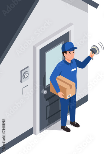 Isometric Delivery Man Ringing Doorbell Holding Package at Front Door Illustration