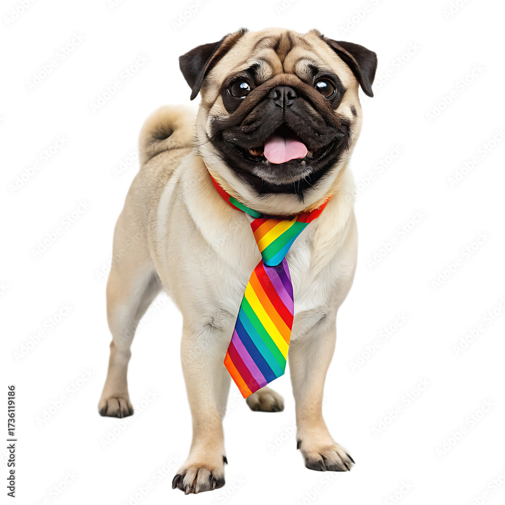 Obraz premium A pug standing with a rainbow tie against a black background looking directly at the camera smiling widely