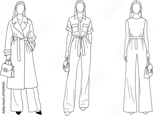 Fashion illustration women, stylish outfit sketches, modern clothing design, female models in trendy outfits, coat jumpsuit dress, handbag accessory vector art
