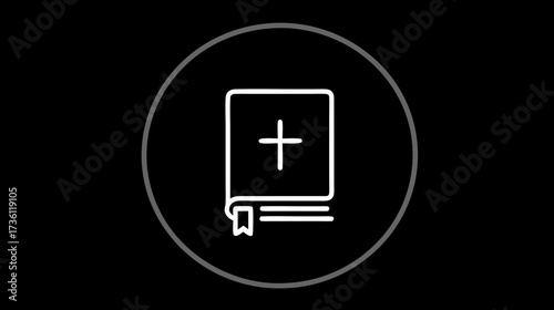Christian holy Bible book icon with cross symbol outline on a black background. Spiritual and religious text vector illustration.