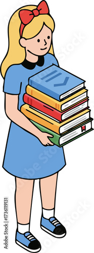 Cartoon Girl Illustration Holding Stack of Books Ready for Schooling