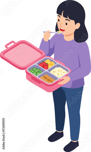 Isometric Young Girl Holding Lunchbox With Healthy Food Illustration