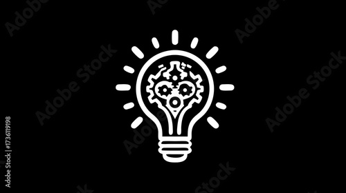 Creative innovation lightbulb icon with gears. Concept for engineering, solution, development, and intellectual process on a black background.