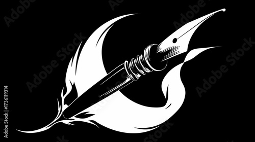 Elegant Black and White Graphic Illustration of an Antique Ink Pen with Swirling Creative Flourish on a Dark Background