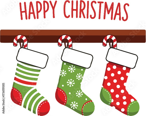 Three christmas stockings hanging on a mantle for christmas