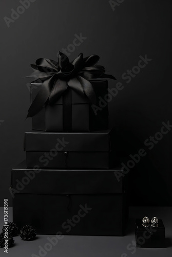 Black gift box with ribbon bow on dark background for holiday celebration
