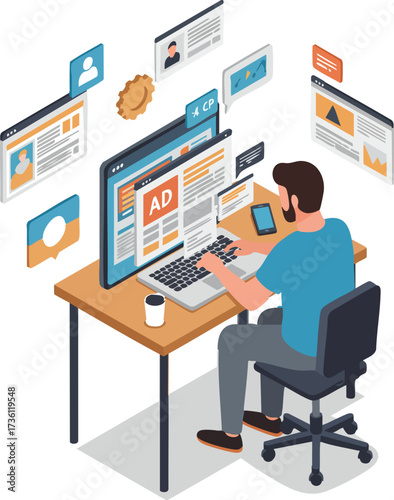 Isometric Detailed Man Typing on Computer at Desk with Website Pages