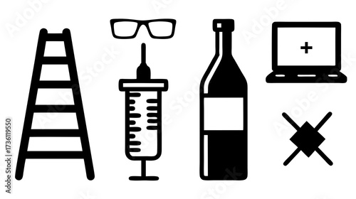 Assortment of black and white vector icons: ladder, syringe, medical glasses, bottle, laptop, and forbidden symbol.
