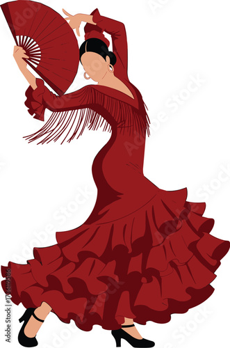 Flamenco dancer illustration, Spanish woman in red dress, traditional dance art, cultural performance vector, elegant lady with fan, ruffled gown drawing