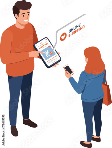 Flat Illustration of Online Shopping Interaction with Smartphone and Contactless Payment