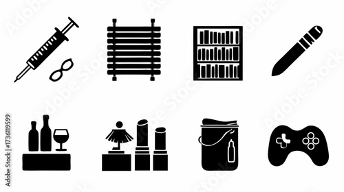 Diverse Flat Design Black Silhouette Icons Set: Medical, Education, Lifestyle, Hobbies, Beauty & Office Supplies