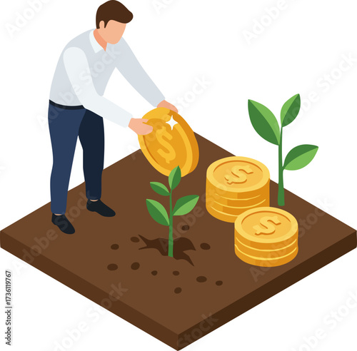 Isometric Man Planting Gold Coin Tree Financial Growth Illustration