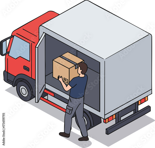 Isometric Illustration Man Loading Cardboard Box into Delivery Truck Vehicle