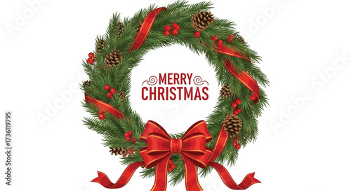 Festive christmas wreath with red ribbon and pine cones art