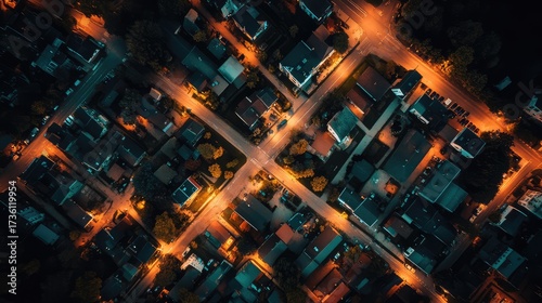 Aerial view illuminating residential neighborhood streets at night