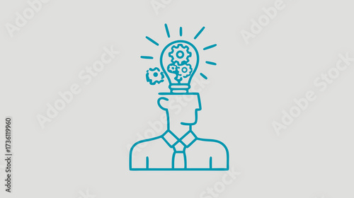 Strategic thinking process icon with creative idea lightbulb and gears in a human head, business innovation concept, problem-solving