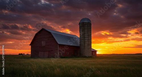 Dramatic sunset over red barn and silo in rural landscape scenery