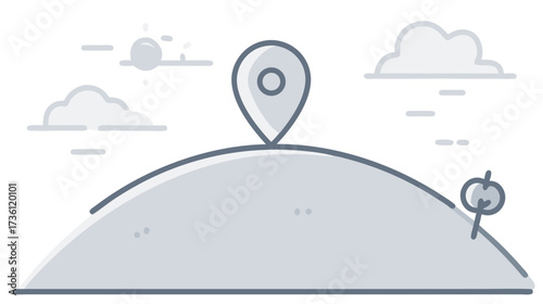 Minimalist vector illustration of a location map pin on a hill, symbolizing travel, GPS navigation, and finding a destination.