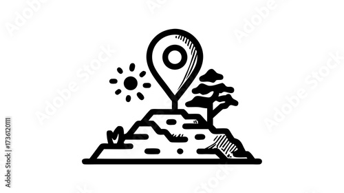 Minimalist line art icon of a map pin on a natural landscape with sun and tree, representing travel, exploration, and outdoor destination.