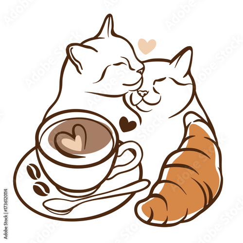 Cute line art illustration of two loving cats cuddling with a cup of coffee and croissant. Romantic breakfast, cozy café vibes, pet love, and morning harmony