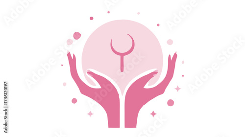 Stylized pink hands holding a glowing sphere with a feminine moon symbol, representing magic, spirituality, care, and protection.