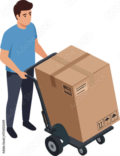 Isometric Man Moving Large Cardboard Box on Dolly Illustration