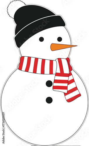 Cheerful snowman with a striped scarf and a black winter hat