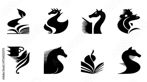 Modern abstract horse and book logo collection. Stylized equine head symbols with open books, leaves, black and white minimalist graphic icons.
