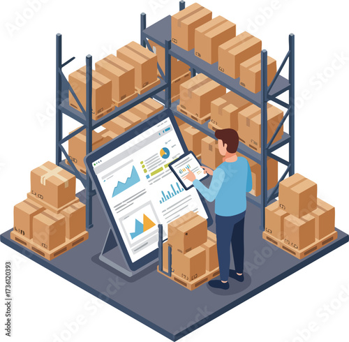 Isometric Illustration Detail Warehouse Management System with Digital Tablet Technology