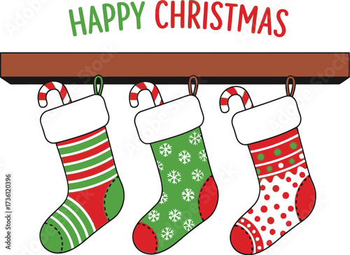 Three christmas stockings hanging on a mantle with candy canes