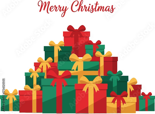 Stack of christmas presents with ribbons and merry christmas
