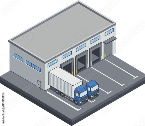 Isometric Warehouse Exterior with Truck Loading Docks Logistics Distribution Illustration