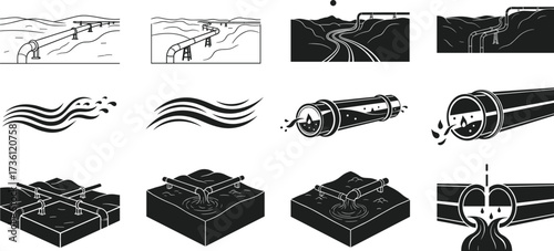 Pipeline leak icons, oil spill illustrations, environmental pollution graphics, gas pipeline hazard symbols, wastewater leakage signs
