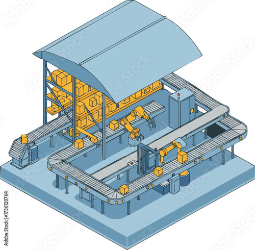 Isometric Modern Automated Warehouse Interior Illustration with Robotic Arm and Conveyor Belt