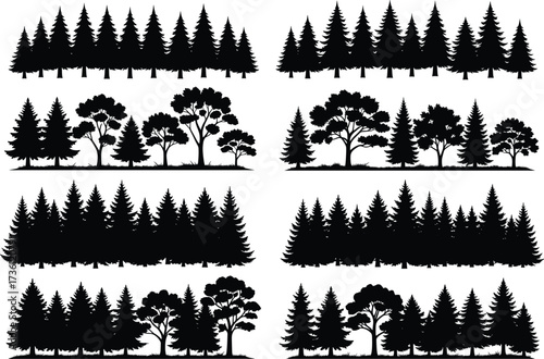 Forest tree silhouettes, pine woodland vector set, nature landscape elements, outdoor scenery, park background design, evergreen forest illustration, black trees, natural design