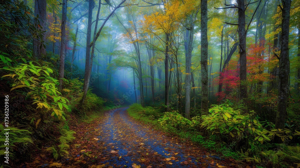 Obraz premium Mountain Forest Path Autumn Colorful Leaves Nature Travel Background