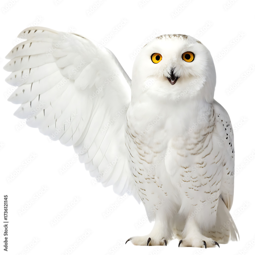 Fototapeta premium A snowy owl with yellow eyes and white feathers extending its wing against a black background look
