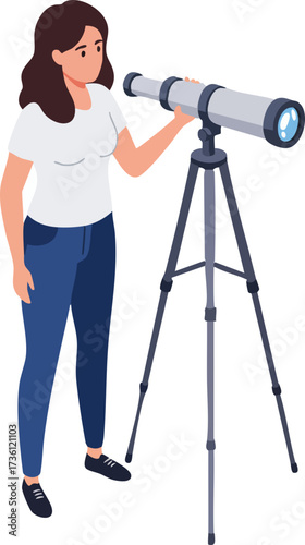 Flat Woman Looking Through Telescope Illustration with Tripod Stand