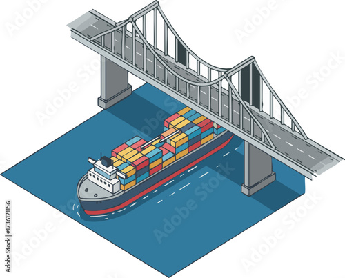 Isometric Pixel Art Container Ship Passing Underneath a Bridge Illustration