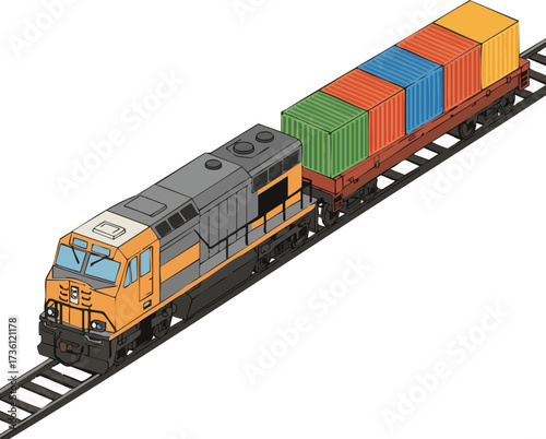 Isometric Detailed Freight Train with Cargo Containers Illustration Design
