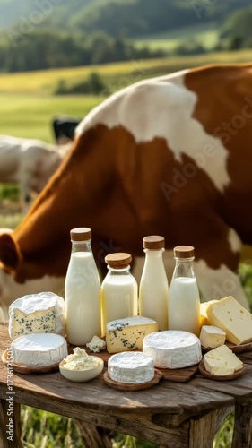 A close-up of cheeses, milk bottles, and cottage cheese on a wooden table with a cow in the background
