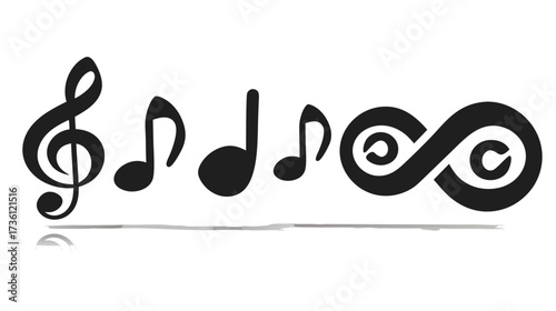 Black silhouette of musical notes and infinity symbol with reflection on white background, concept of endless music, sound, creativity, and rhythm.