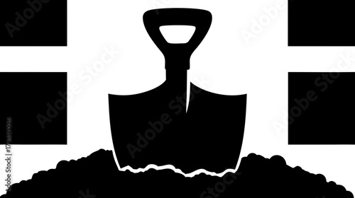 Classic shovel silhouette digging into a pile of earth, symbolizing manual labor, excavation, or gardening against a minimal black and white background.