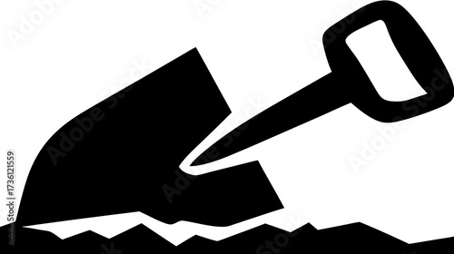 Black silhouette vector icon of a shovel digging into soil, representing gardening, construction, excavation, and manual labor.